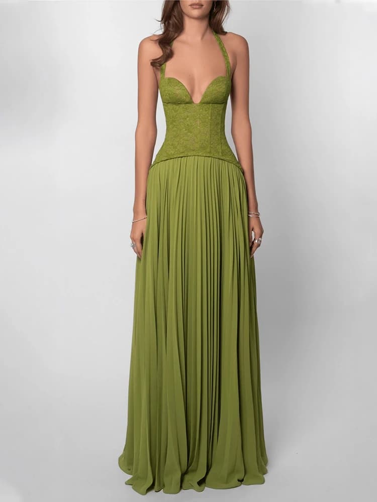 Robe longue corset vert pour femme, dos nu, patchwork, à lacets, plissée, coupe ajustée, maxi, éléga