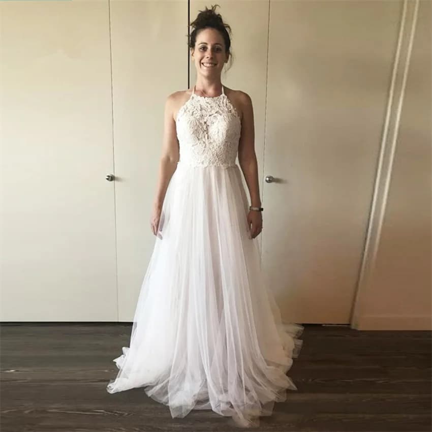 Robe de Mariée Personnalisée Dos aux, Formelle, Simple, A-ligne, avec Appliques Délicates, Col Licou