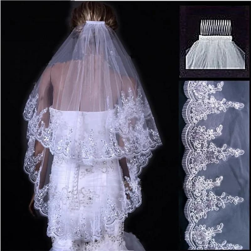 Voiles de mariage de luxe 2 couches dentelle Applique bord avec perles strass voile de mariée access