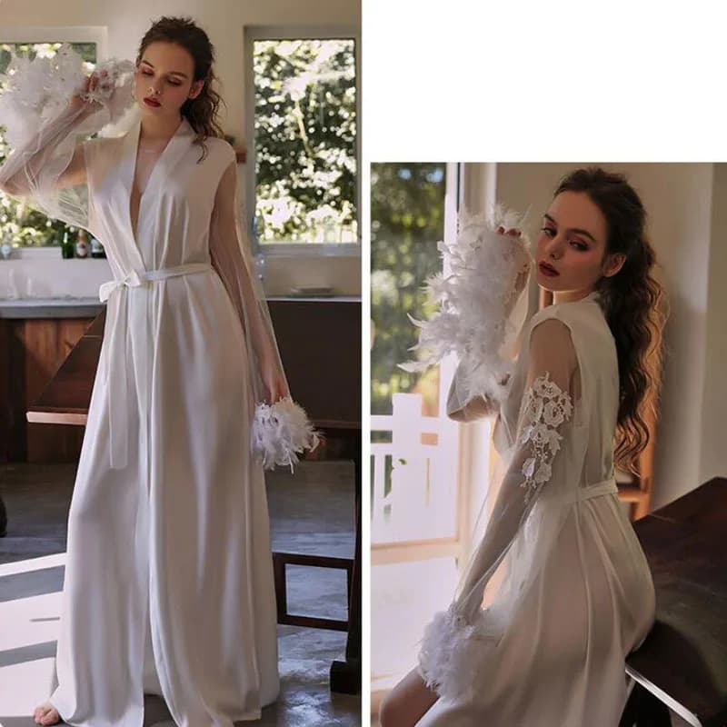 Robe de mariée longue, pyjama de mariage, blanc, vêtements de nuit Sexy pour femmes, maille et plume