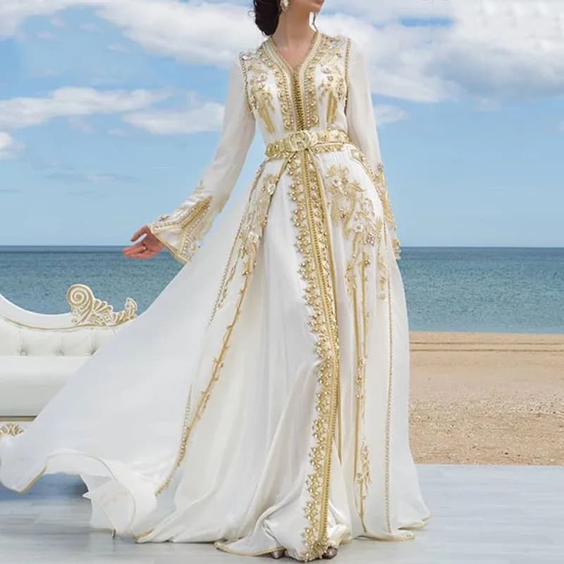 Robe de Soirée en Mousseline de Soie Blanche, Tenue Luxueuse en Dentelle Dorée, Kaftan Marocain, Dub