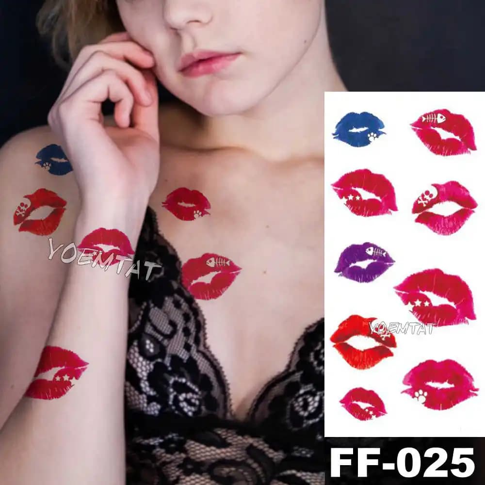 Autocollants de tatouage temporaire pour femmes, lèvres rouges, Art corporel, fleurs imperméables, t