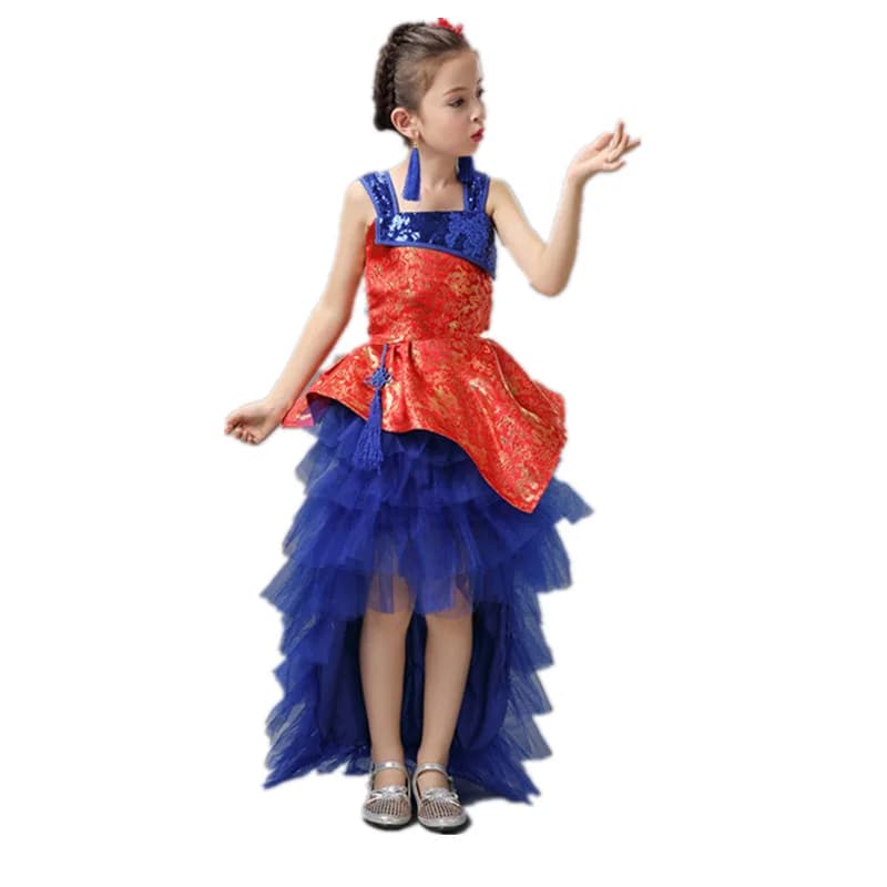 Robe tutu chinoise à manches courtes pour filles, rouge et bleu, tenue de danse traditionnelle chino