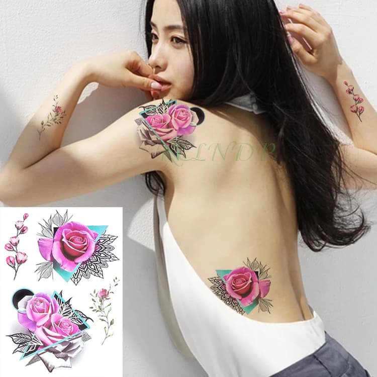 Tatouage temporaire imperméable, autocollant de grande taille, fleur de Rose, faux Tatouage, Flash d
