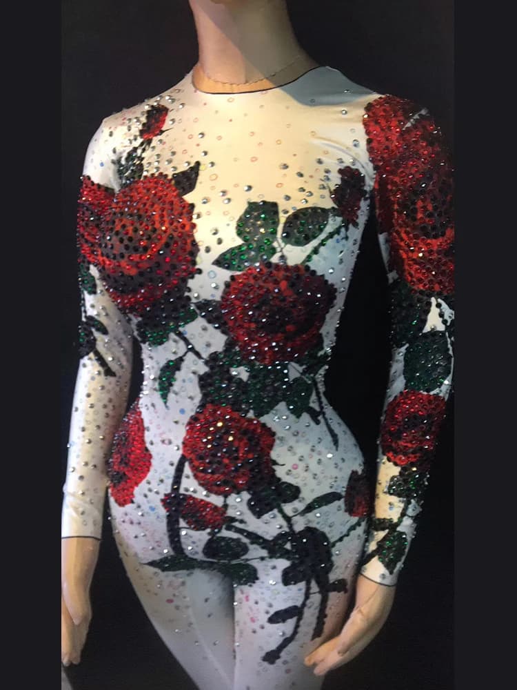 Combinaison Sexy à Fleurs Roses Rouges pour Femme, Costumes de ixd'Anniversaire, Vêtements de Scène,