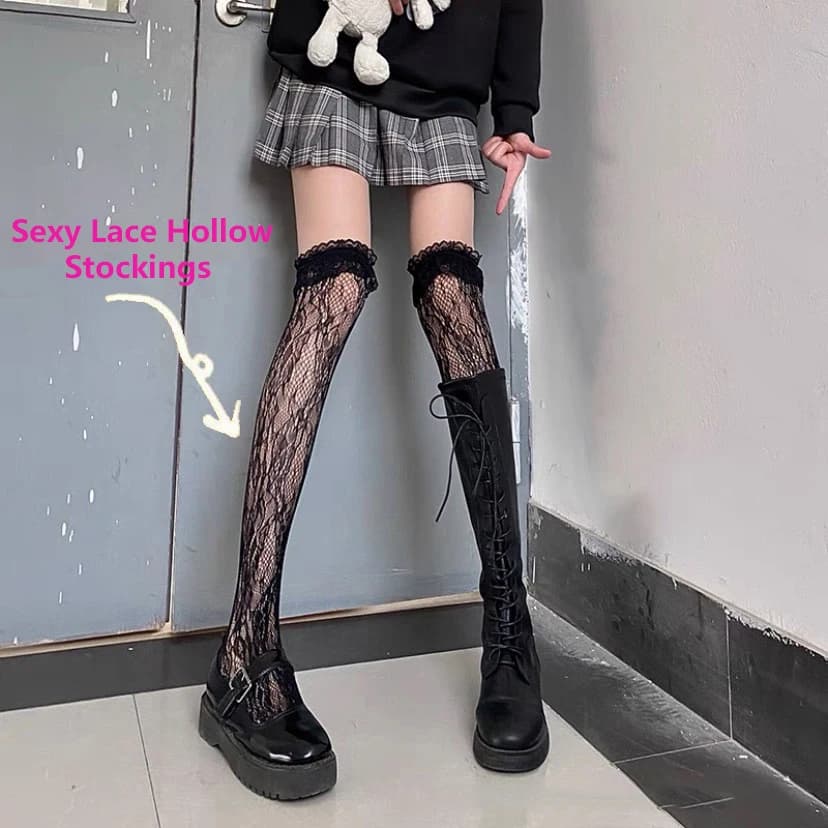Bas hauts à rayures en dentelle pour femmes, bas ajouré Sexy, noir et blanc, bas Style Lolita
