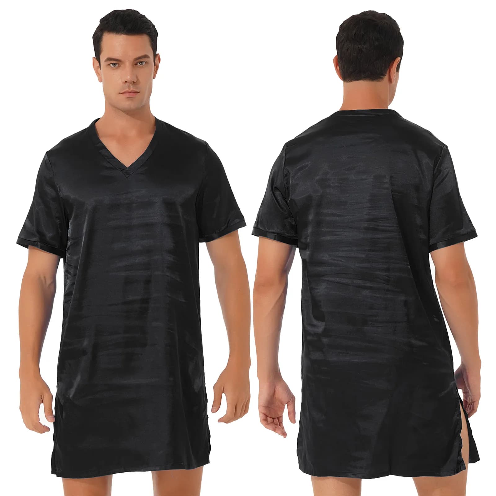 Hommes Satin vêtements de nuit hauts chemise de nuit chemise de nuit pyjama robe à manches courtes s
