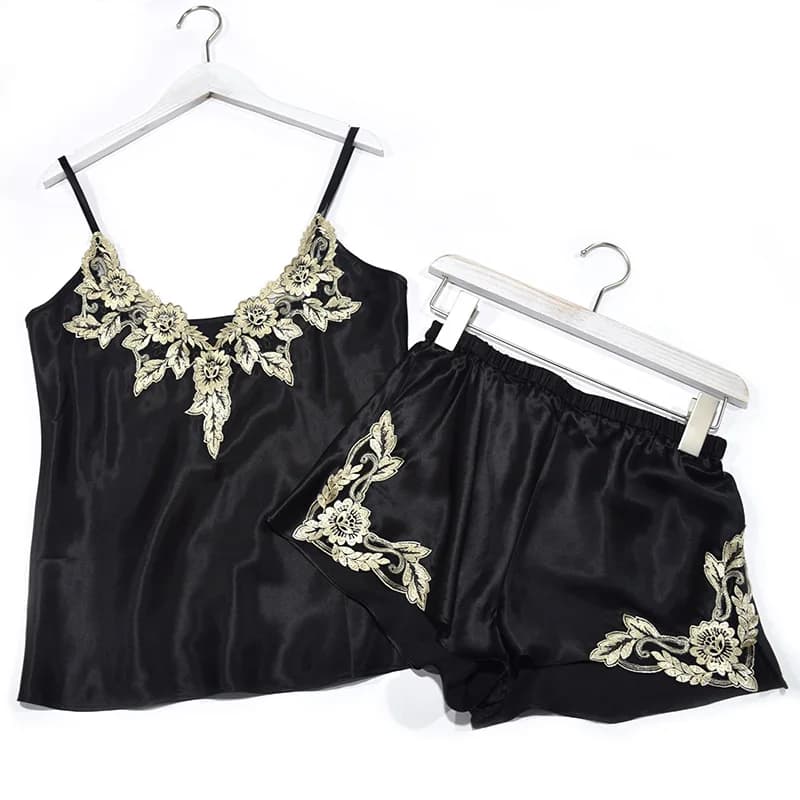 Injpajamas-Ensemble deux pièces en soie, camisole 600 ultra Goals, dentelle sexy fendue, service à d