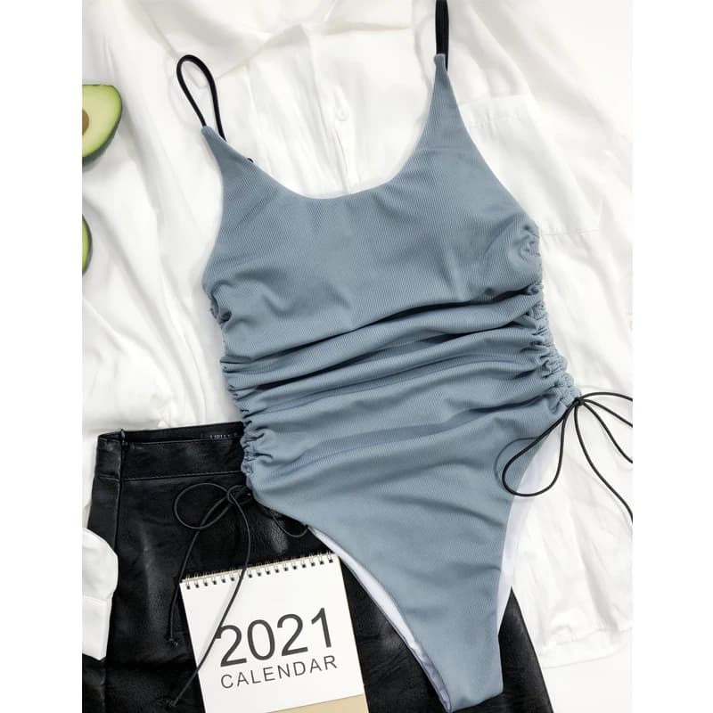 Maillot de bain une pièce uni pour femmes, avec cordon de serrage, dos nu, côtelé, vêtements de spor