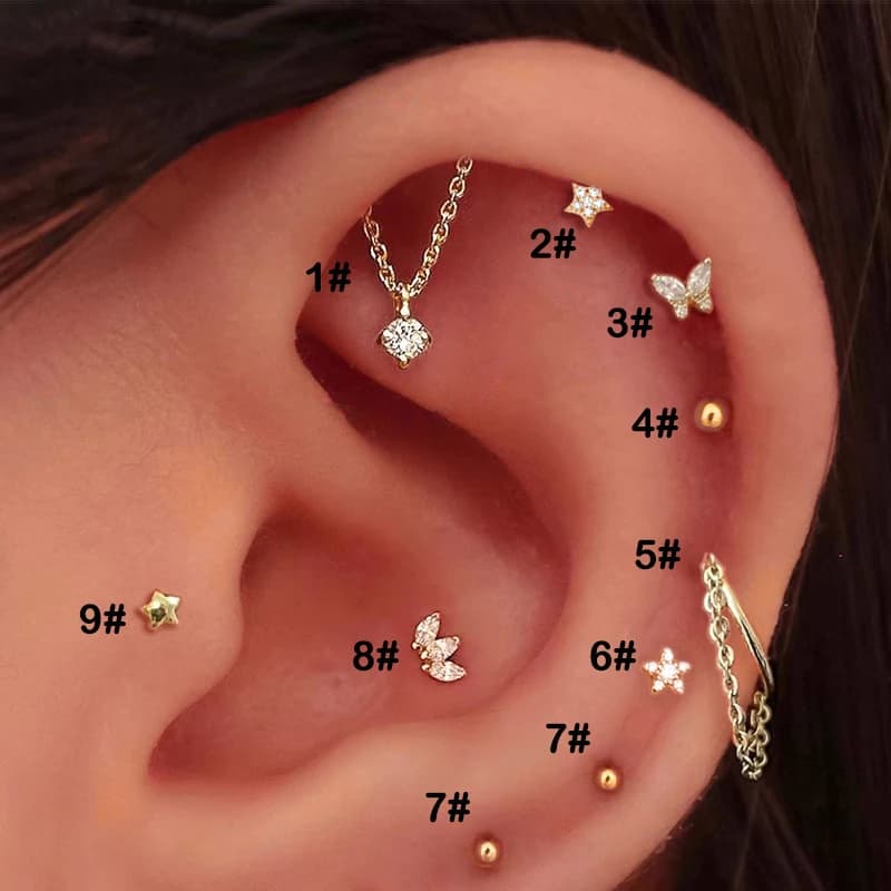 Tragus Piercing femmes boucles d'oreilles cerceau avec chaîne Helix étoile papillon couronne Zircon 