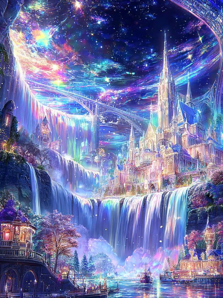 Peinture Diamant 5D DIY Huacan, Château Céleste avec Cascade, Mosaïque Diamant, Paysage, Nouvelle Co