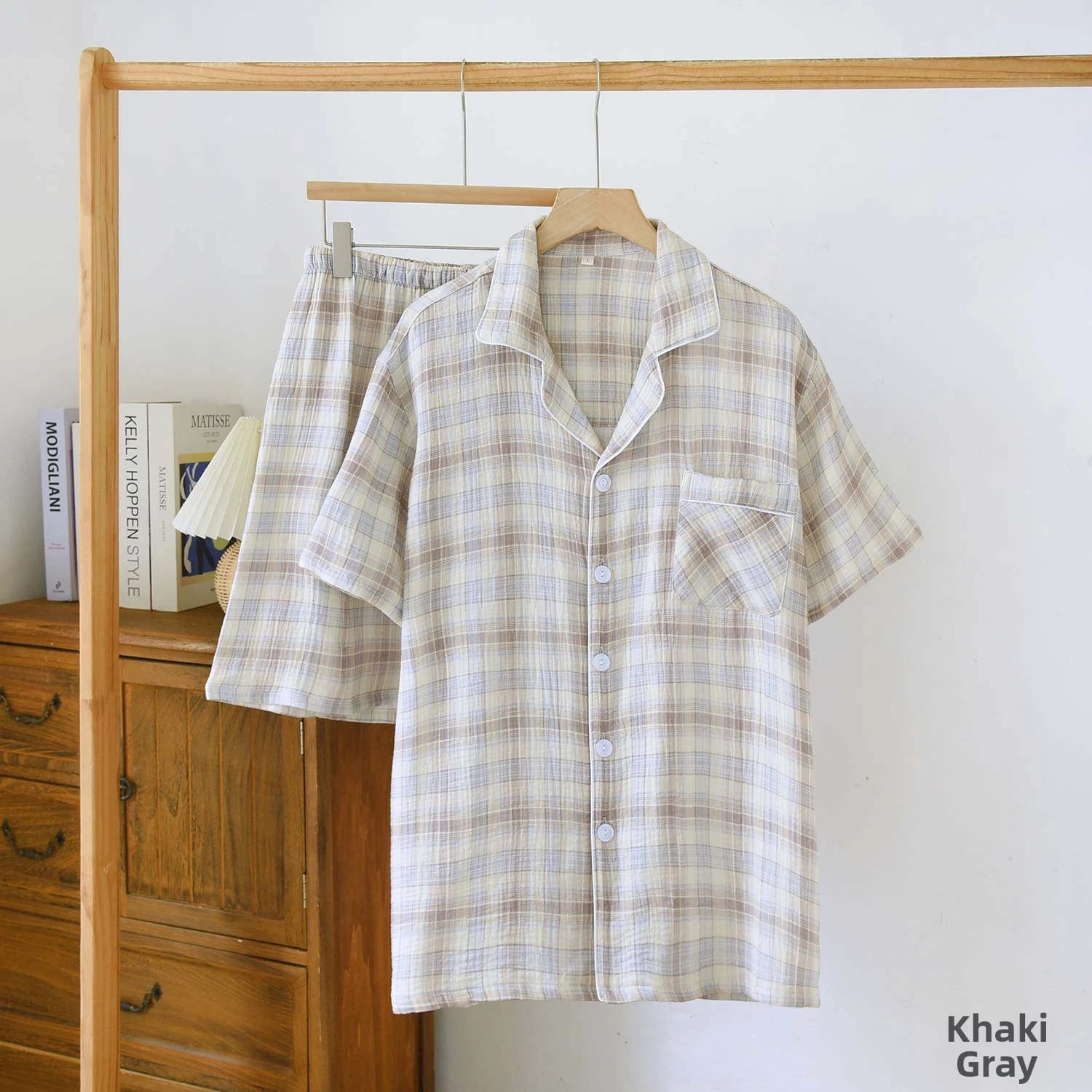 Ensemble pyjama 2 pièces pour homme - Vêtements de nuit à carreaux japonais, manches courtes et shor