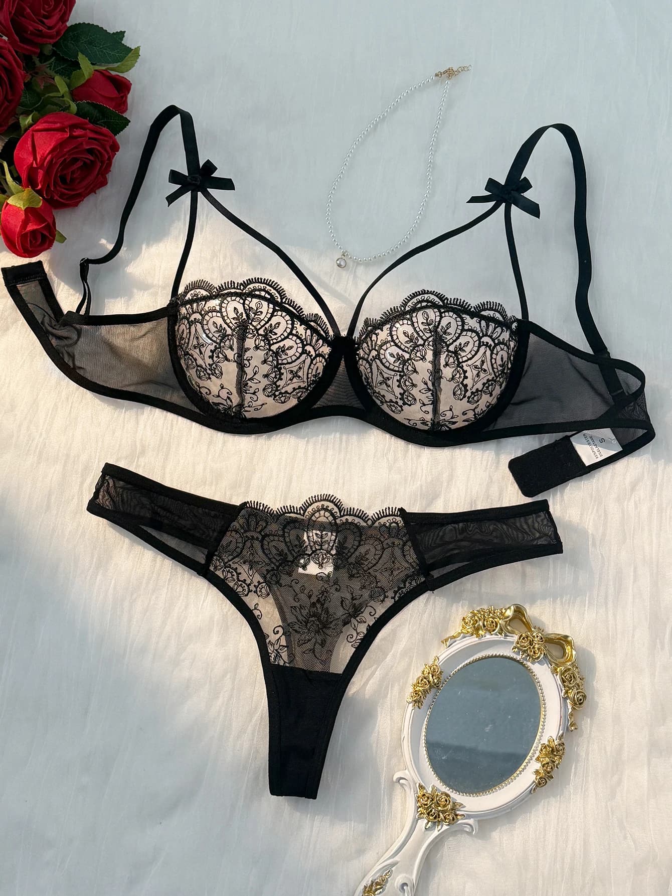 Ensemble de lingerie semi-transparente noir confortable et léger pour femmes, 2 pièces, ZA824057