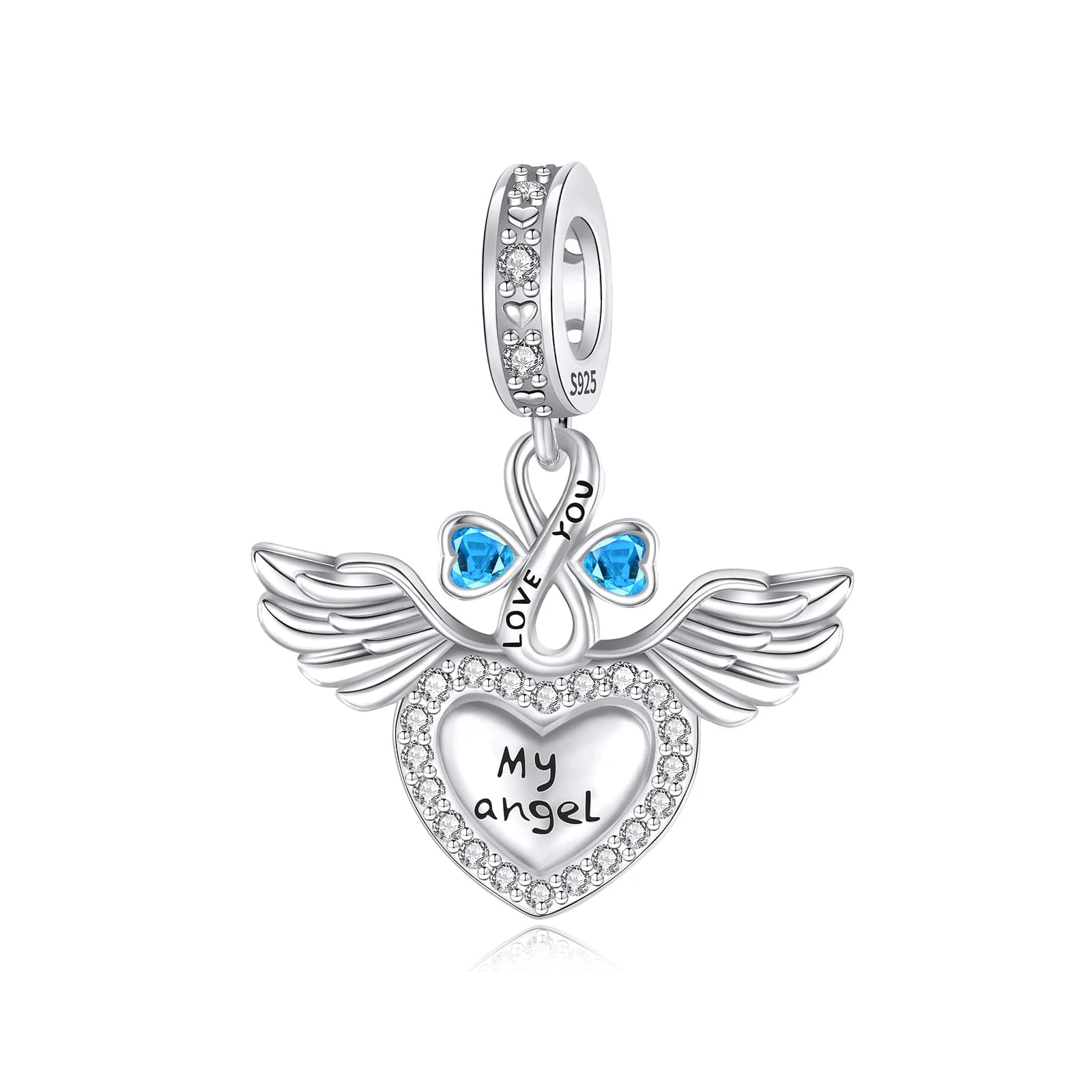 Pendentif cœur « Mon ange, je t'aime » en argent sterling 925, breloque ailes d'ange, perle CZ bleue
