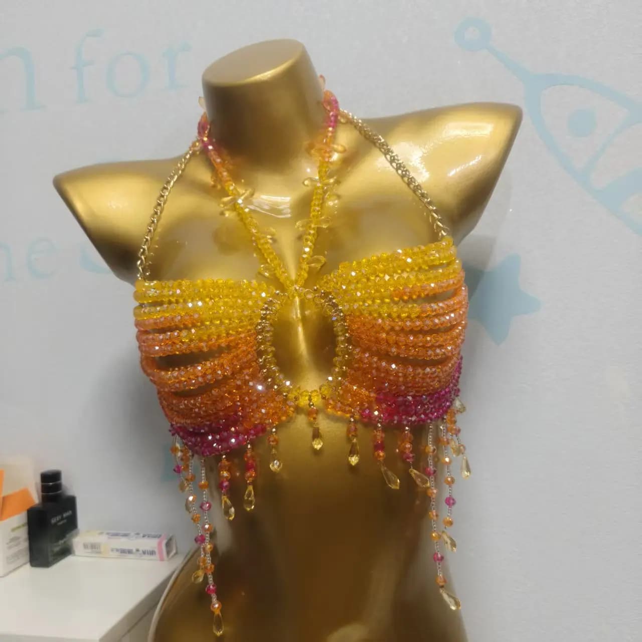 Top de plage à bretelles en maille tissée à la main, couleur orange changeante, 2026, avec chaîne de