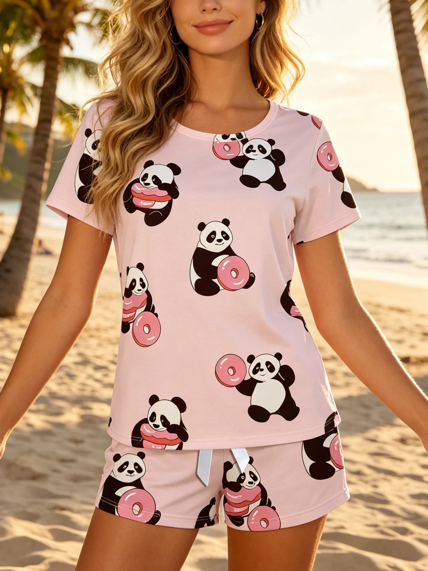 Ensemble de pyjama pour femmes, col rond, haut à manches courtes, short, 2 pièces, vêtements de déte