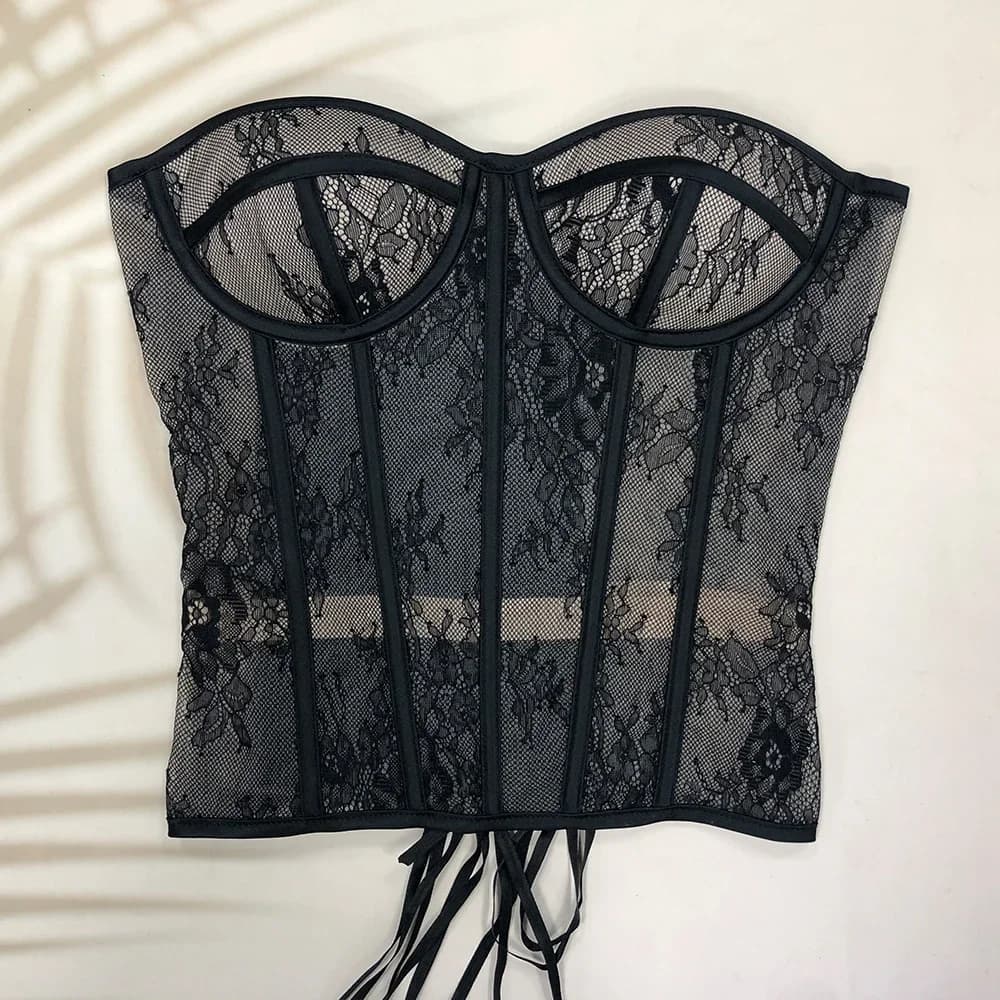Steel Bone Korset femme évider bretelles dentelle haut bustier Push Up soutien-gorge maille femmes L