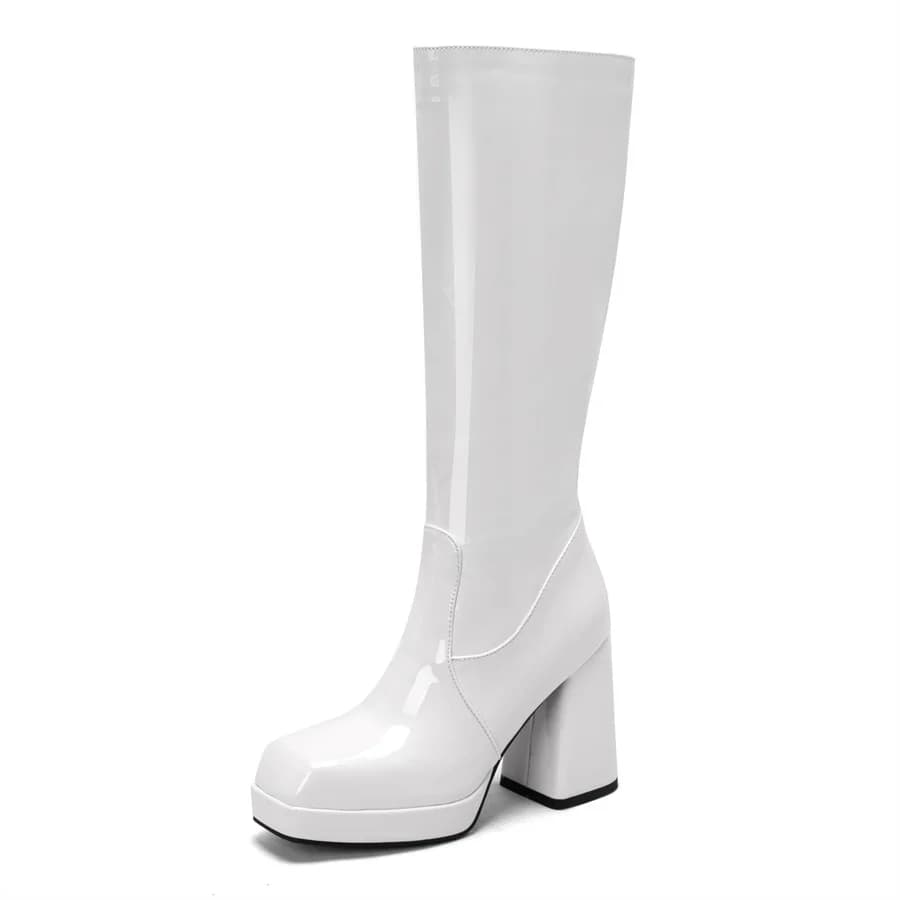 Bottes à plateforme en cuir verni pour femmes, bottes longues, Parker carré, fermeture éclair, talon