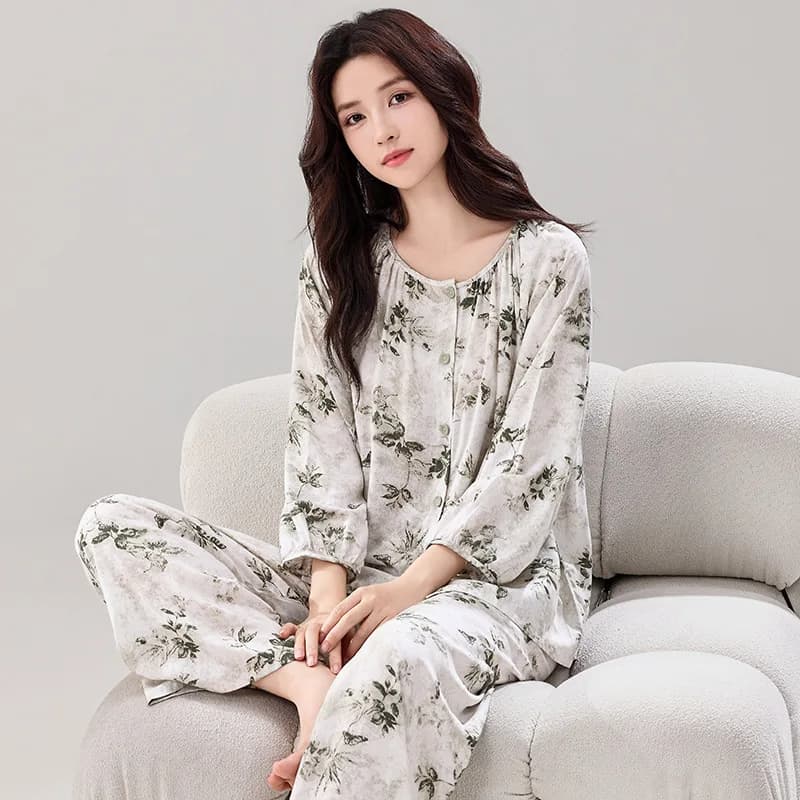Pyjamas Femme nouvelle impression à manches longues pantalon ensemble élégant vêtements de nuit en c