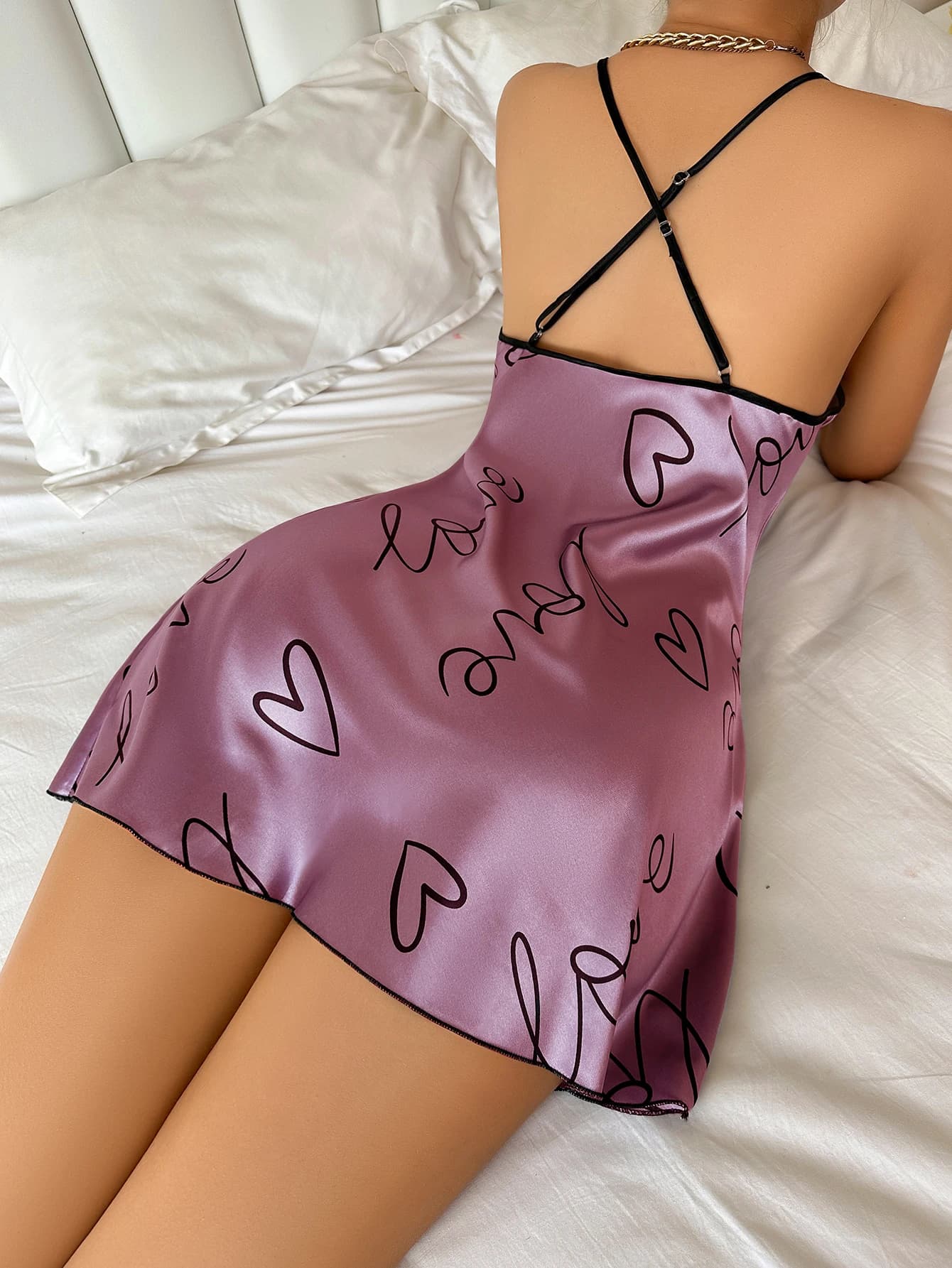 Coeur lettre impression chemise de nuit décontracté col rond Spaghetti sangle robe de nuit femmes vê