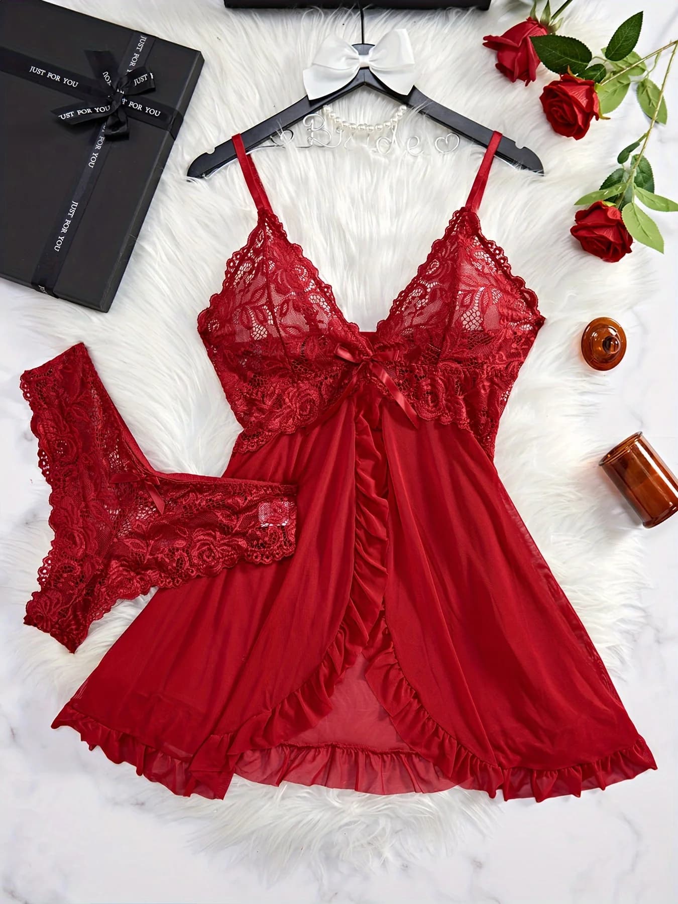 Ensemble de Lingerie en dentelle pour femmes, nuisette Sexy, Chemise de nuit romantique à volants, c