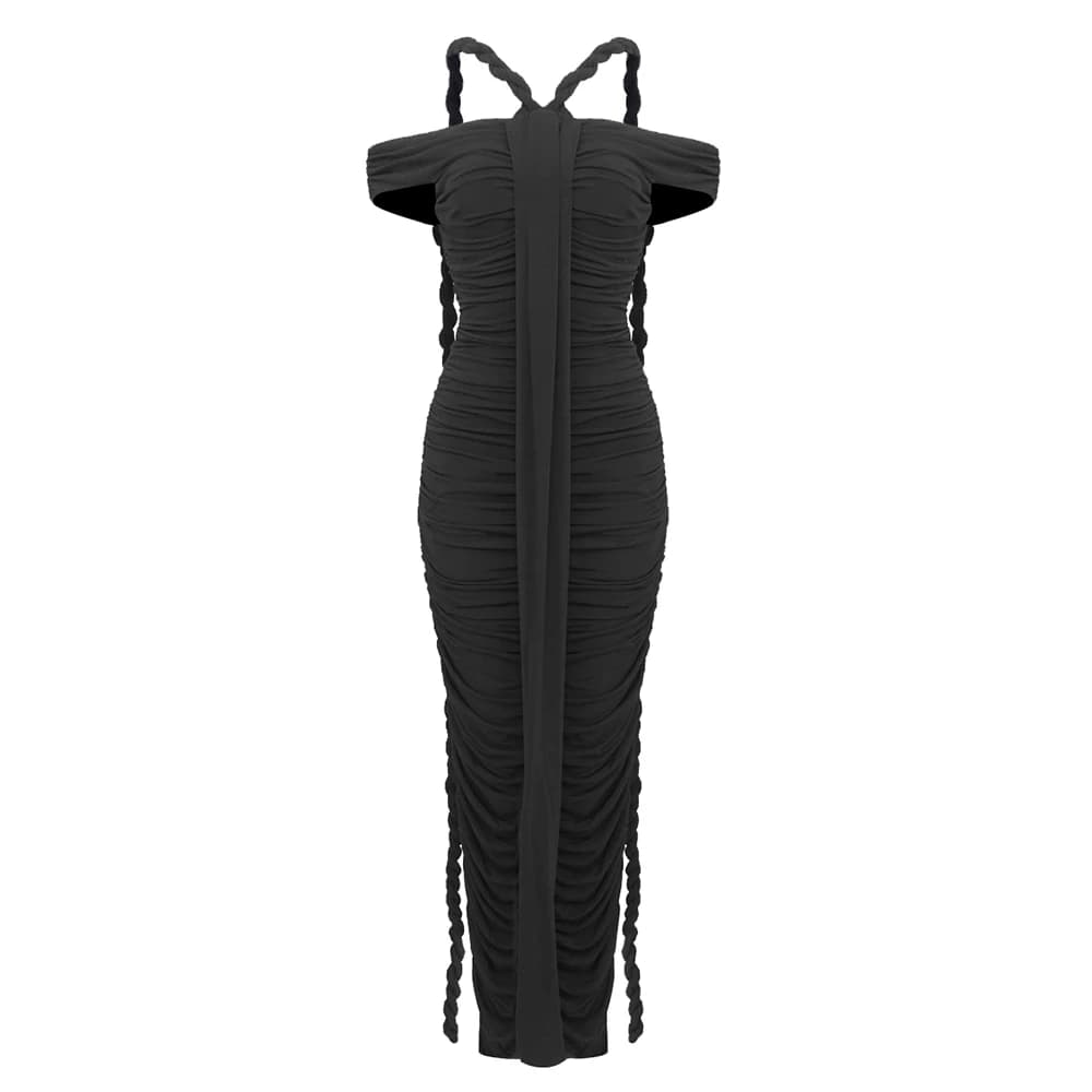 Robe de soirée tressée noire moulante pour femmes, élégante, épaules dénudées, froncée, blanche, lon