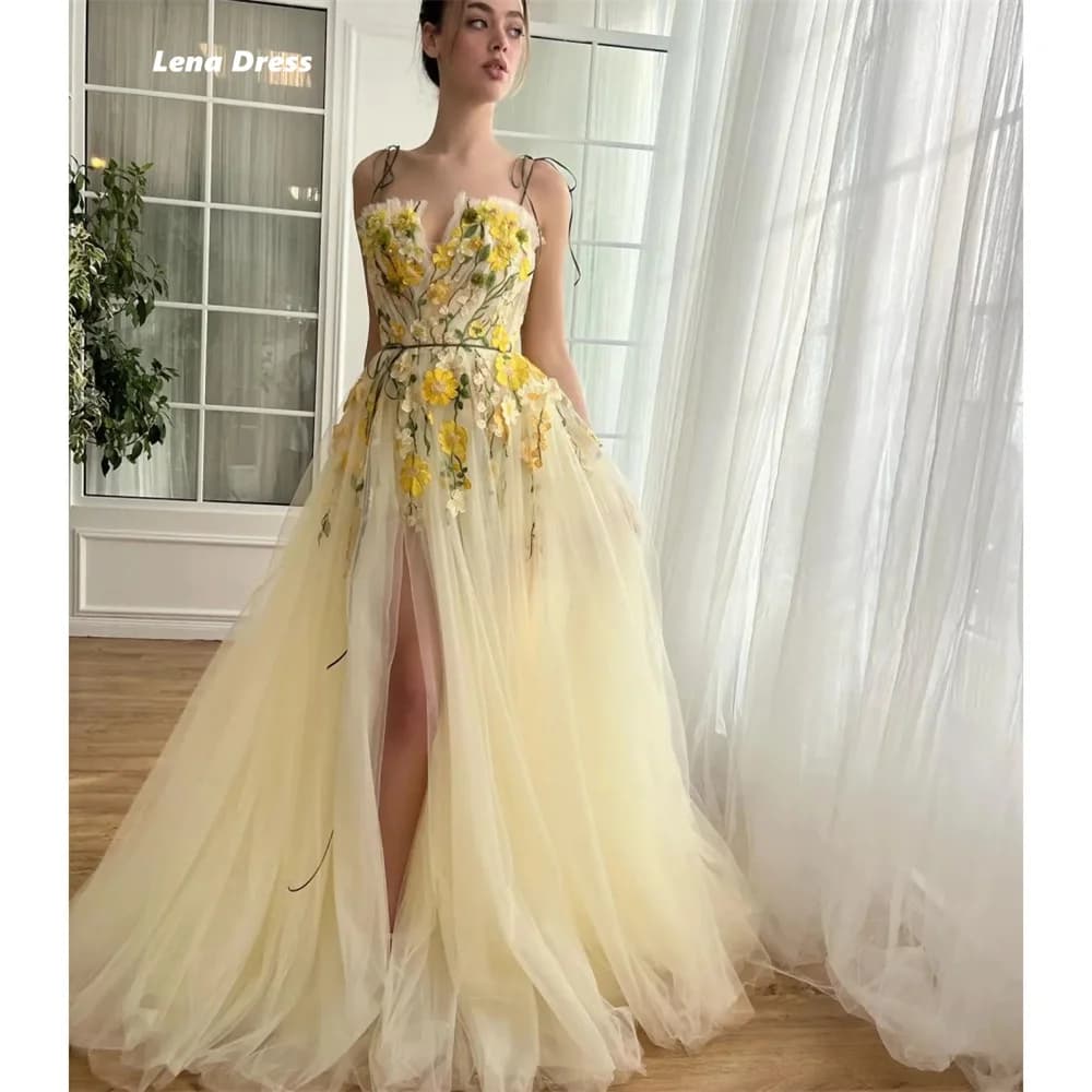 Lena robes de bal 2025 dentelle florale robe de soirée de luxe personnalisé fine bandoulière robes d
