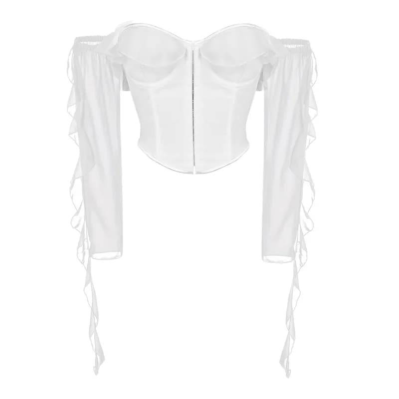 Élégant haut bustier en mousseline transparente à volants, épaules dénudées, avec fermeture avant et