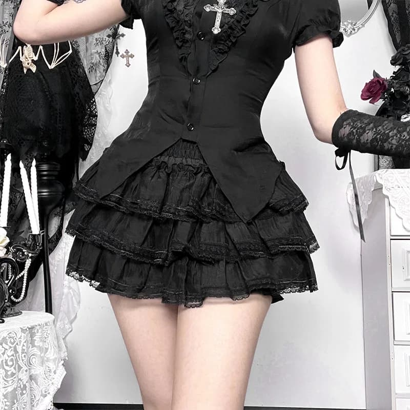 [You're My Secret] Mini-jupe gothique noire sexy plissée multicouche en dentelle, style Lolita, tenu