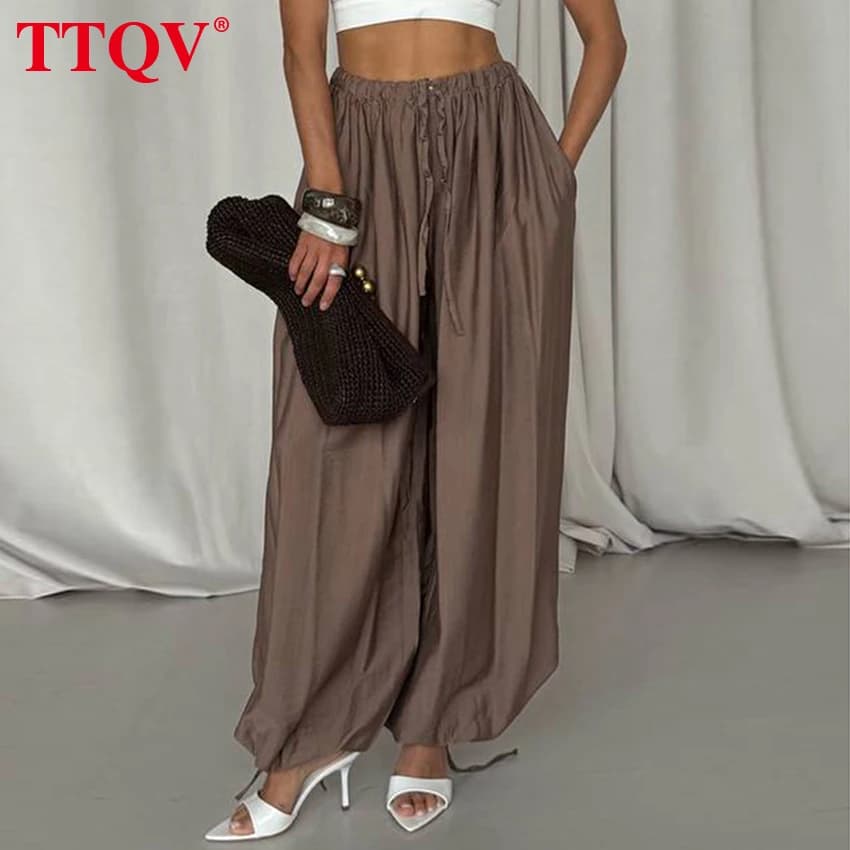 TTQV mode ample marron femmes pantalons 2025 décontracté taille haute pantalon à jambes larges éléga