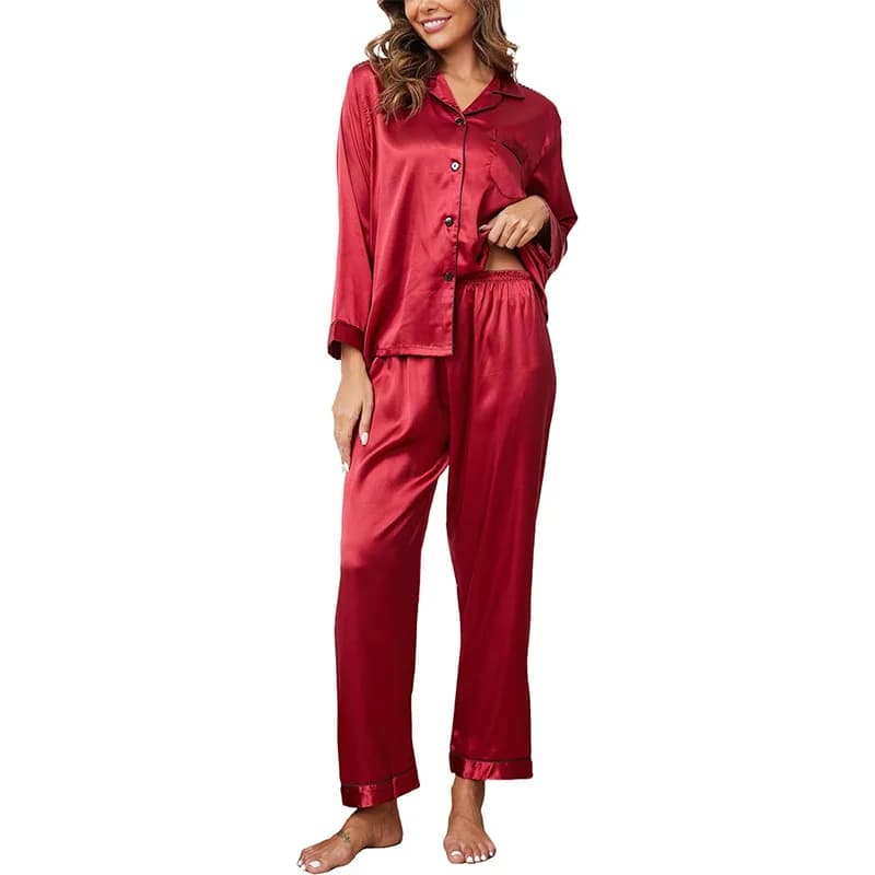 Nouveau 2 pièces/ensemble pyjama costume Satin simple boutonnage Cardigan chemise col en V col crant
