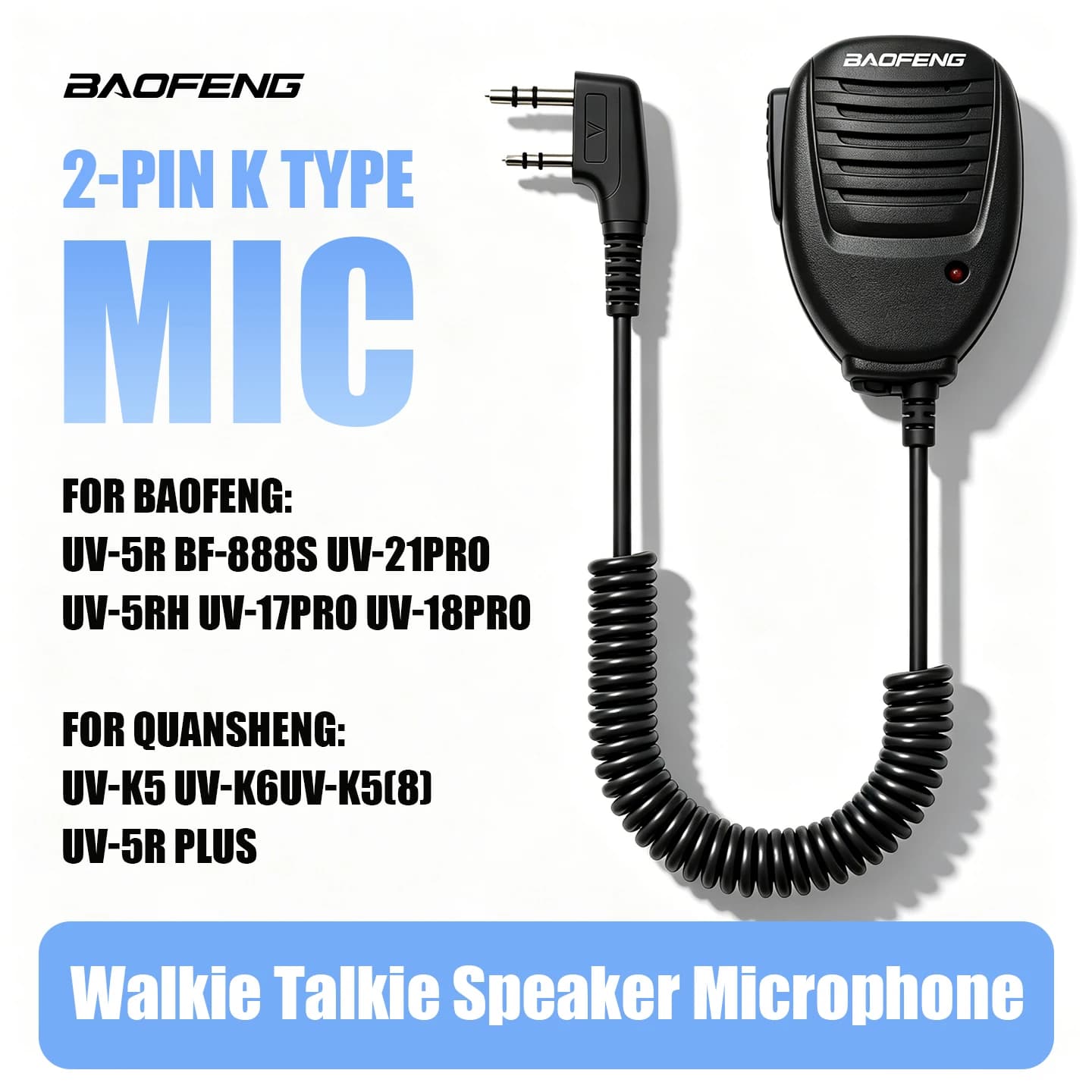 Microphone pour talkie-walkie Baofeng, micro-casque, micro-cravate, haut-parleur, avec voyant lumine