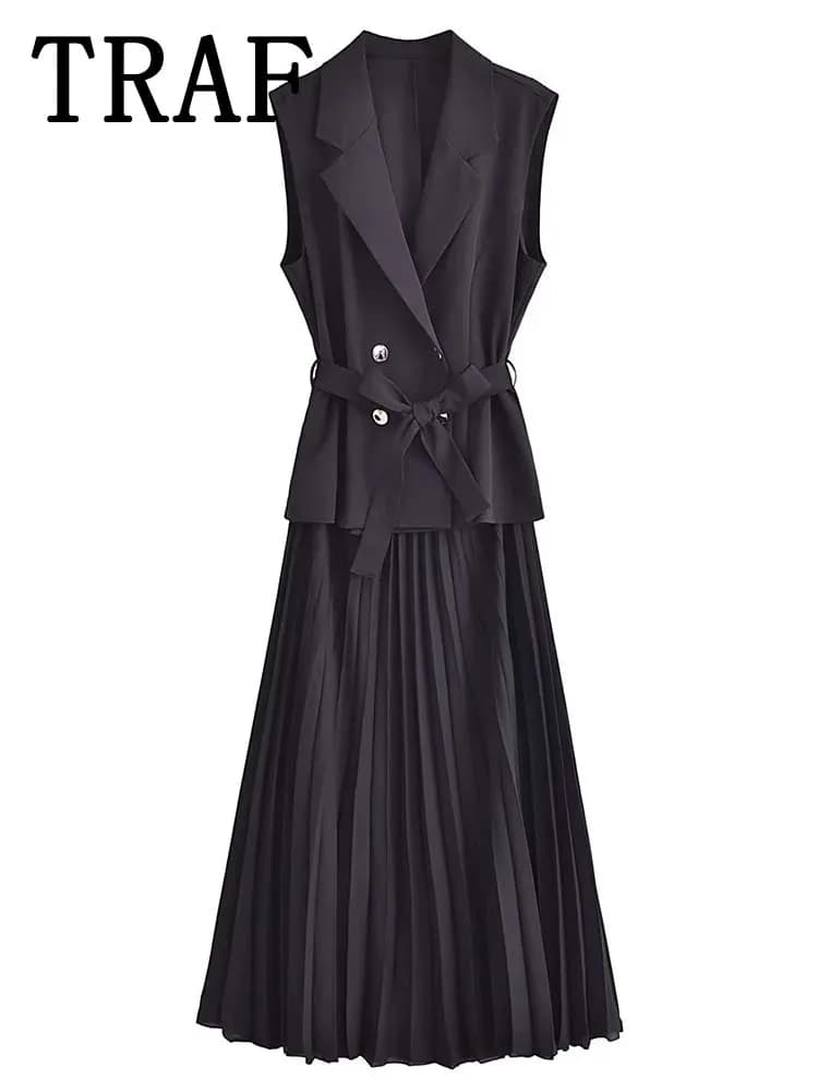 Robe Corset plissée pour femmes, gilets longs, sans manches, robe de soirée au bureau, froncée, mi-l
