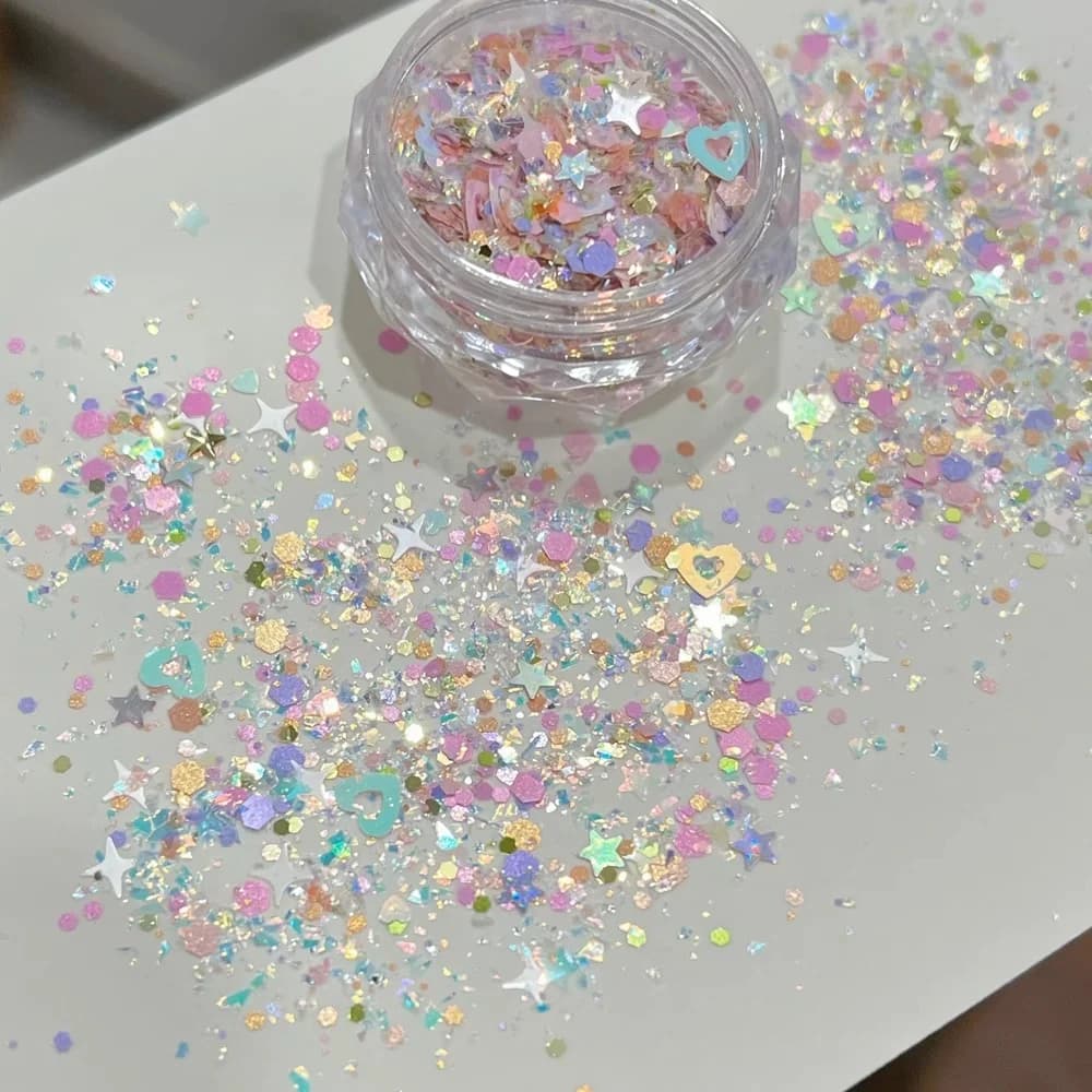 Poudre de paillettes pour ongles effet Aurore Boréale, Dopamine, Cœur Polarisé, Étoile, Grandes Pail