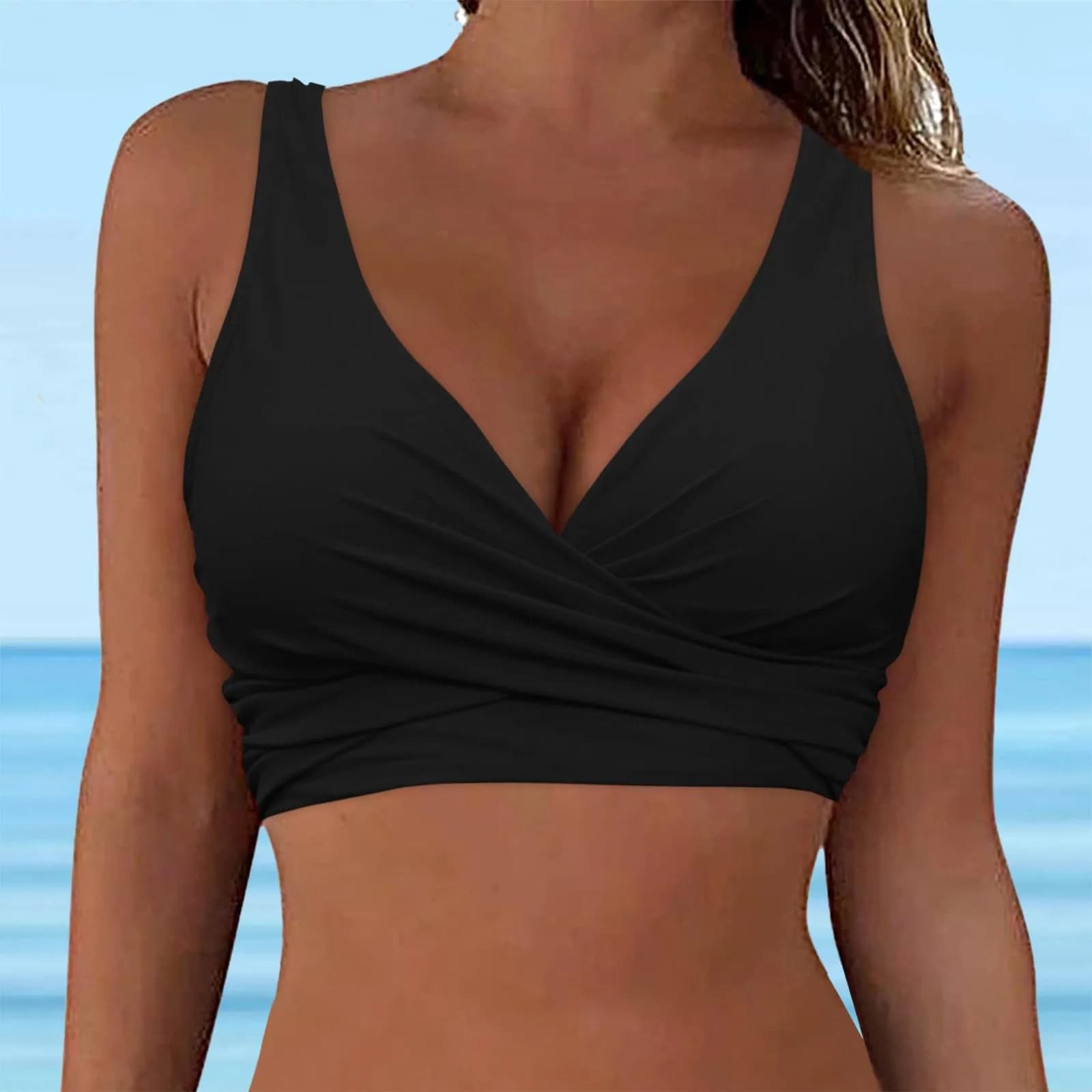 Haut de maillot de bain sexy dos nu basique pour femme, couleur unie, avec soutien-gorge croisé et c