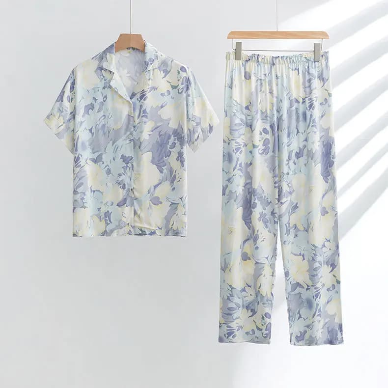 Femmes deux pièces printemps été pyjamas costumes fleur imprimé à manches longues Pijama matériel co