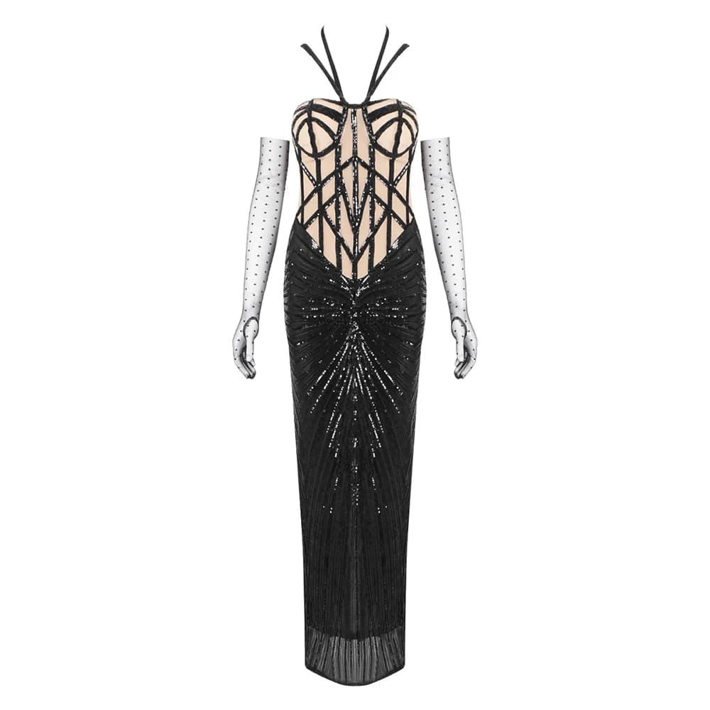 Robe de soirée corset à paillettes noires de luxe – Robe à bretelles en maille illusion pour tapis r