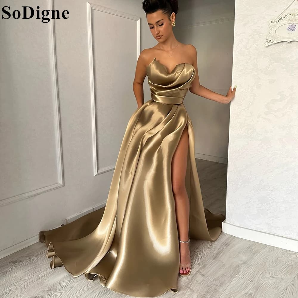 Robe de soirée trapèze drapée, Sexy, Champagne, fente haute, sans bretelles, plissée, robes de bal p