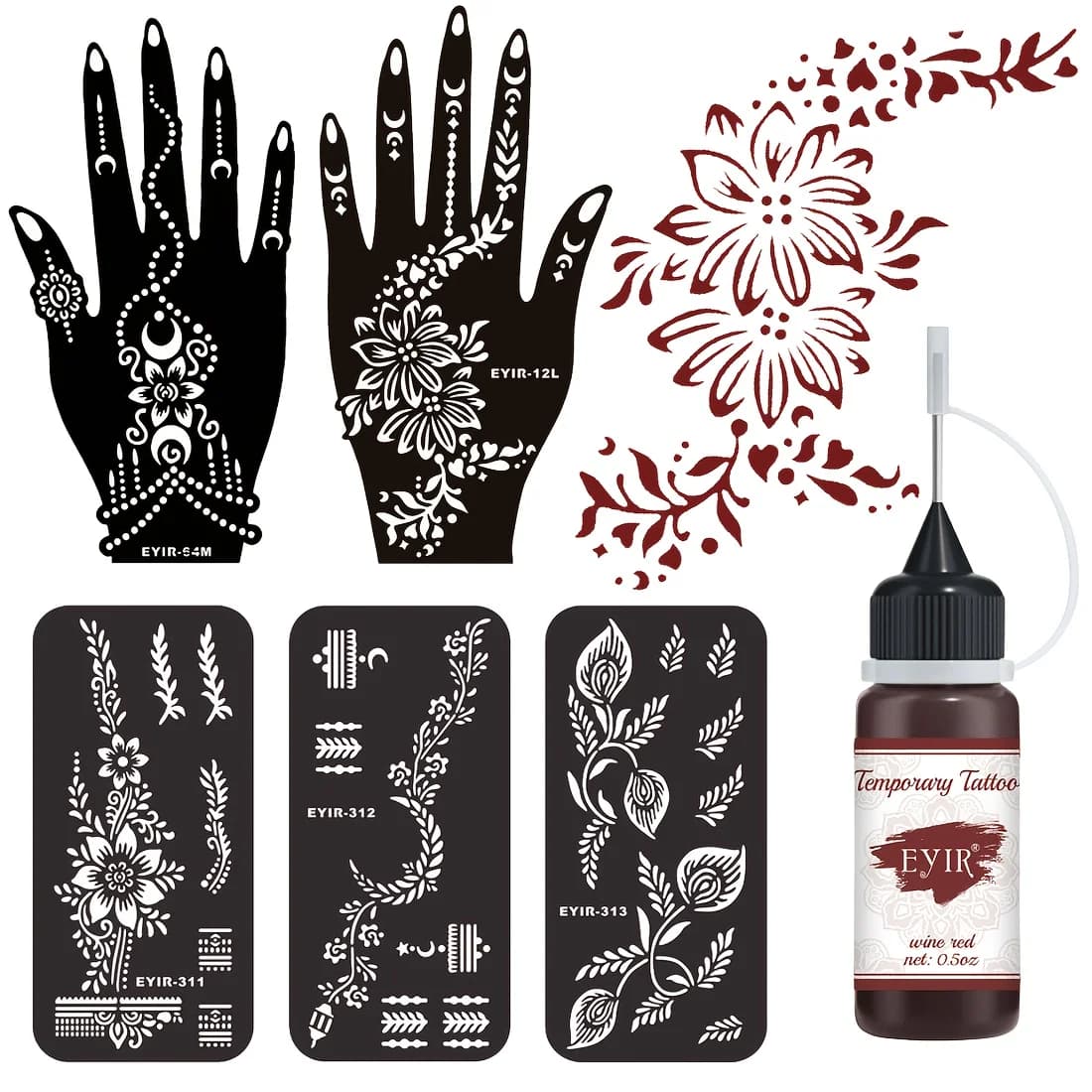 5 Kits de Pochoirs Floraux Mandala + Kit de Pâte à Tatouer Rouge Vin, Pochoirs de Tatouage Corporel 