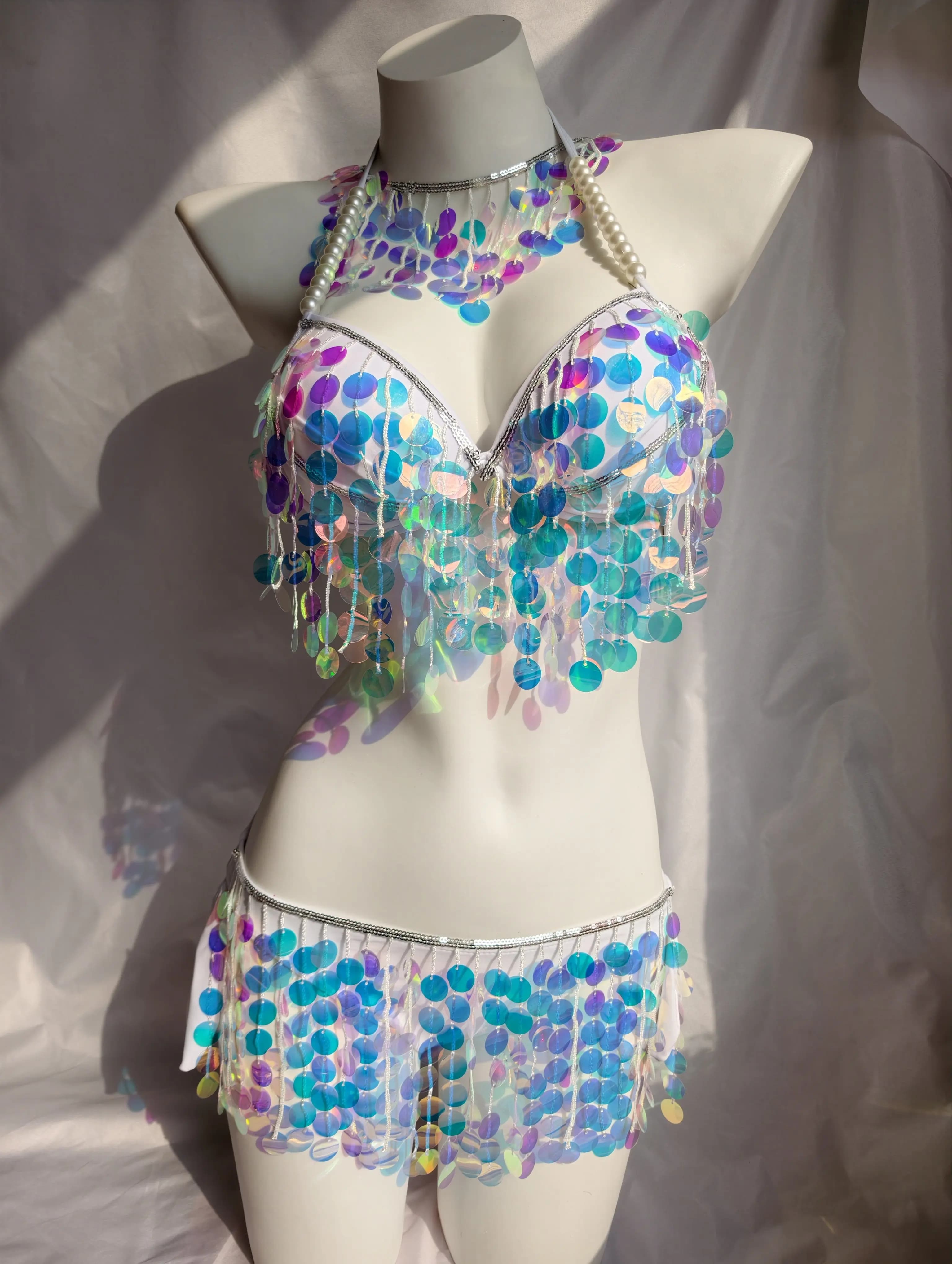Bikini de performance sirène de luxe original fait main avec paillettes, tenue de scène pour groupe