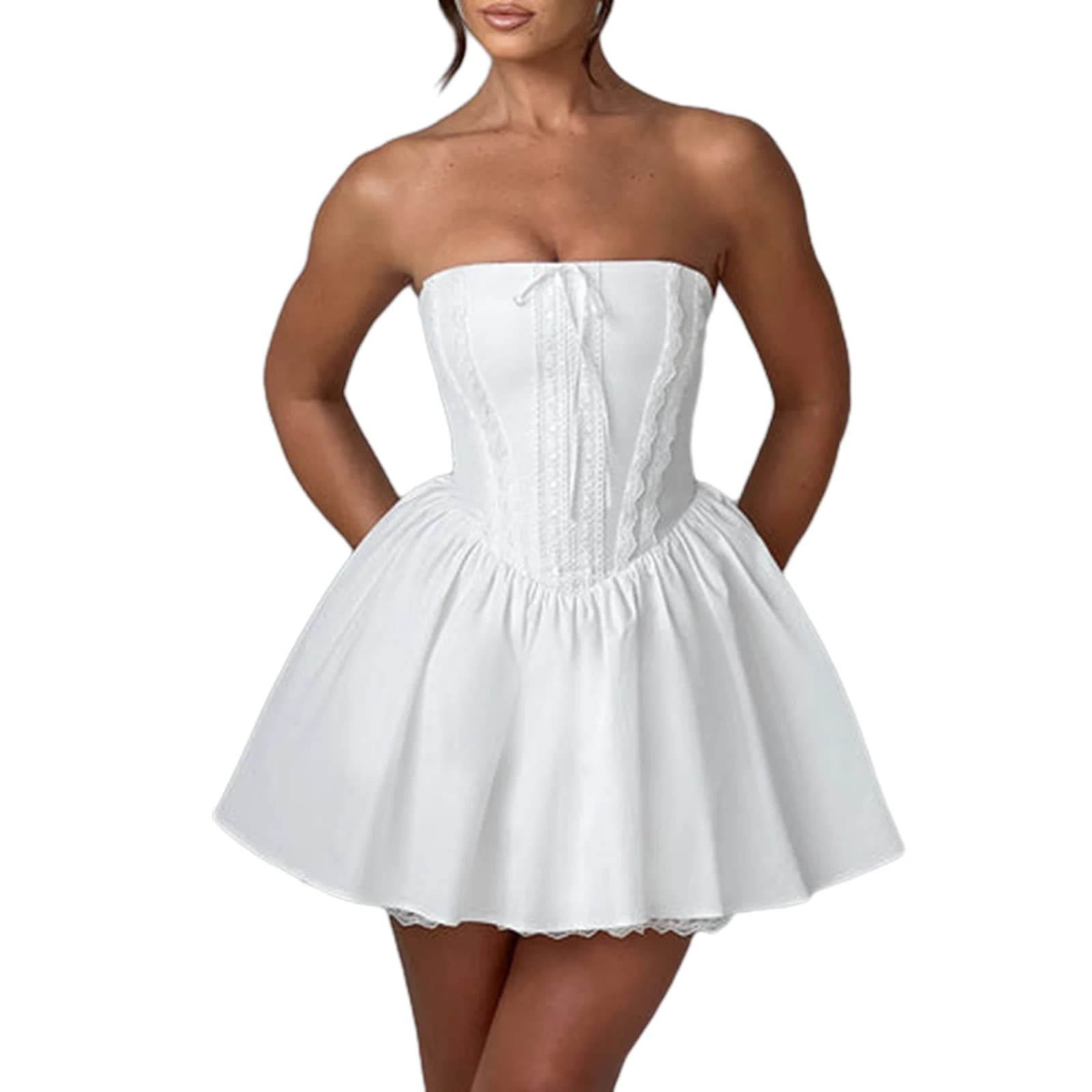 Mini robe Corset pour femmes, sans bretelles, garniture en dentelle, couleur unie, haut tubulaire, r