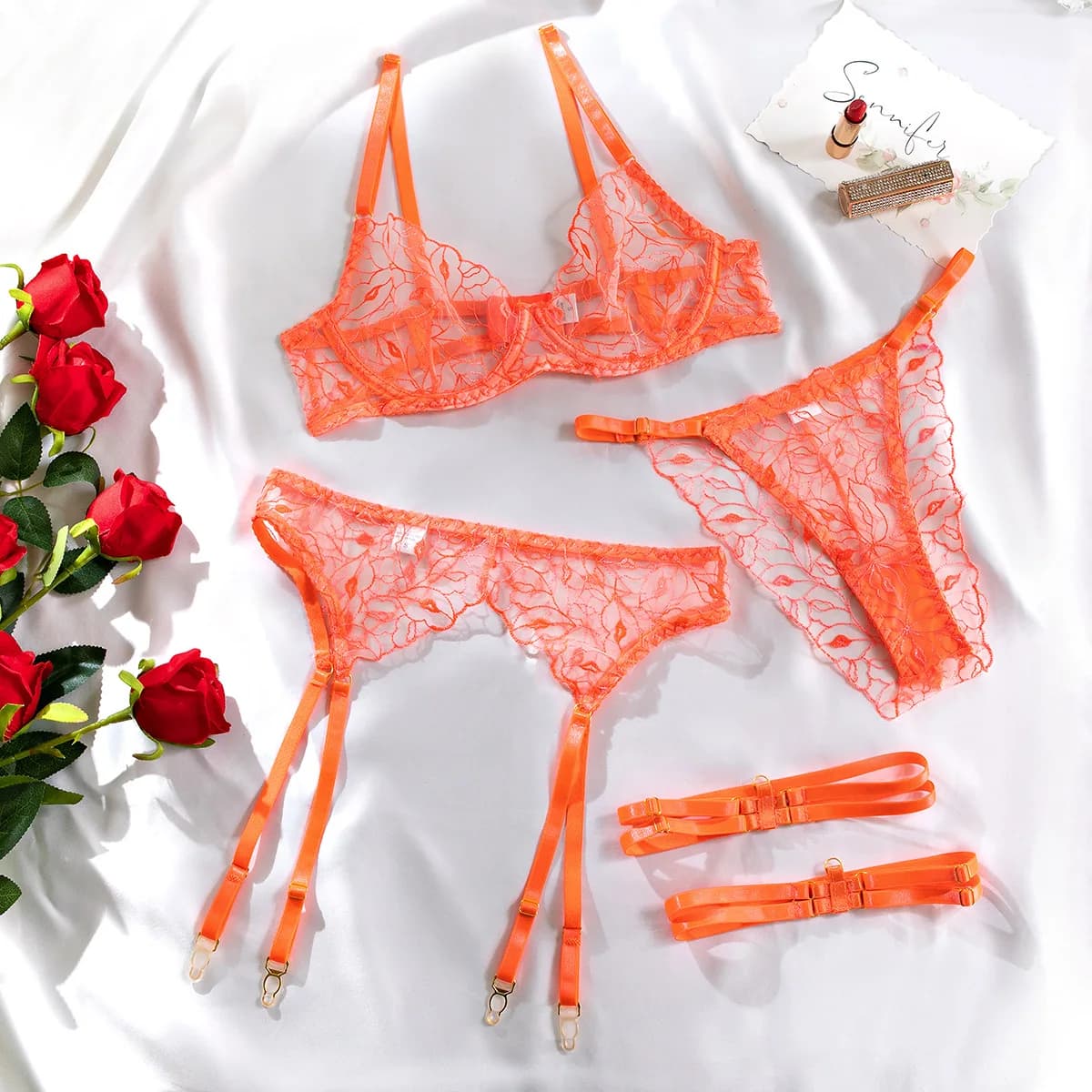 Ensemble de lingerie sexy 4 pièces avec broderie lèvres orange, soutien-gorge et string en maille tr