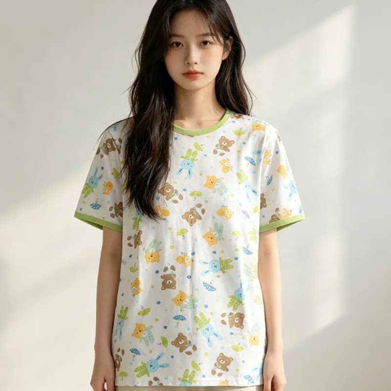 T-shirt mignon pour hommes et femmes, avec boutons-pression sur une épaule, pyjama de maison en pur 