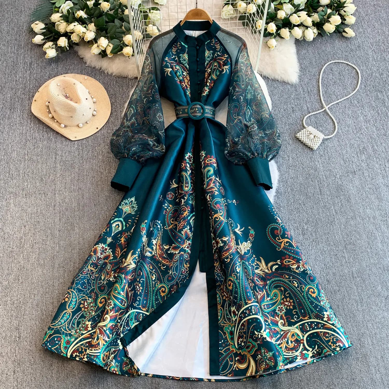 Robes longues pour femmes, style vintage, taille ajustée, coupe trapèze, imprimé, manches lanternes,
