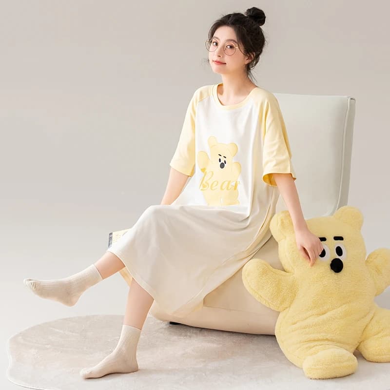 Chemise de nuit 100% coton pour femme, robe de nuit Kawaii, col rond, jupe de nuit, mode douce, haut