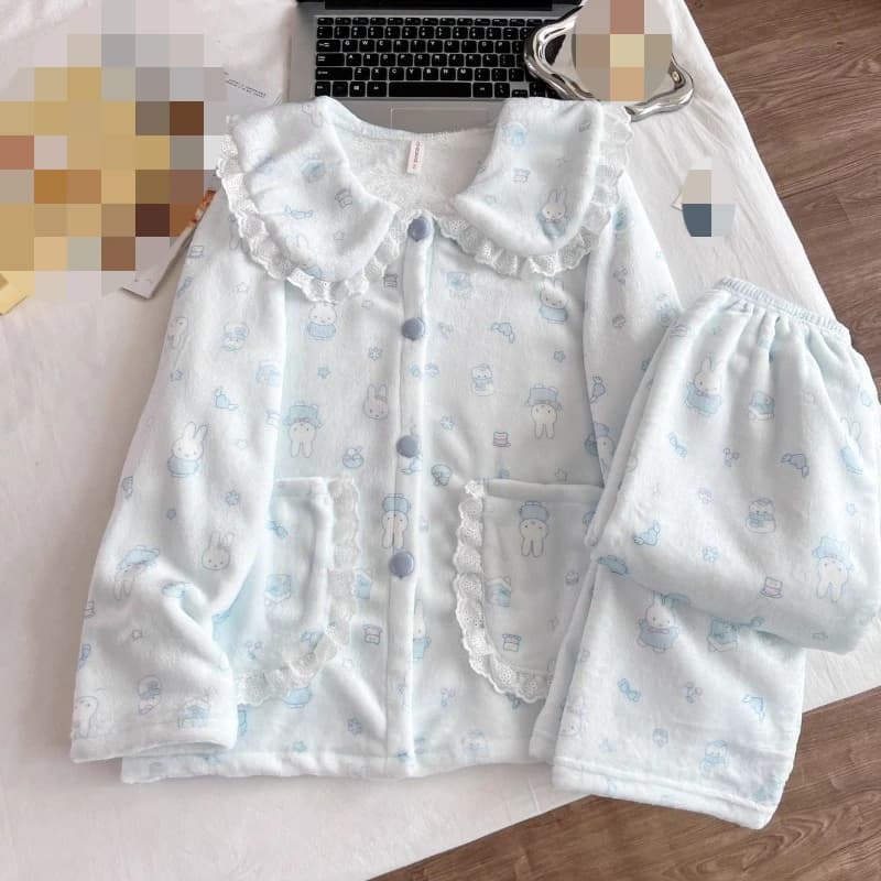 Miffy ensemble de pyjama confortable isolé thermique femmes dessin animé hiver flanelle col de poupé
