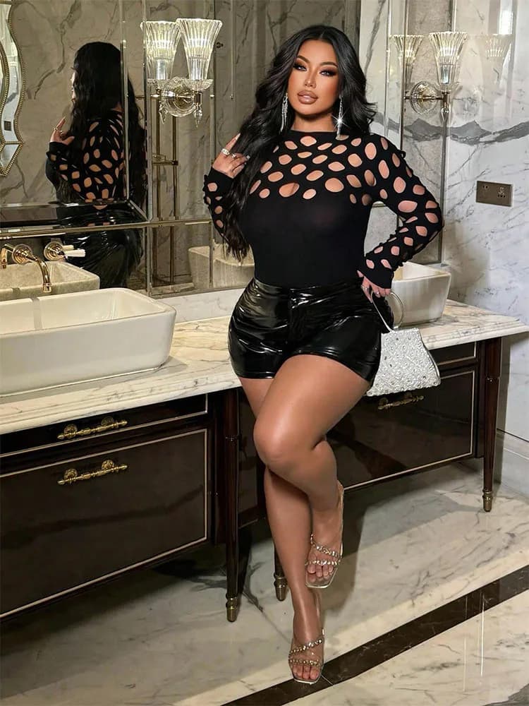 Combinaison sexy pour femme, grande taille, en résille, moulante, couleur unie, manches longues, ten