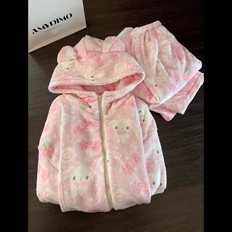 Pyjama d'hiver pour fille, motif de lapin mignon, capuche, fermeture éclair, doublure polaire, épais