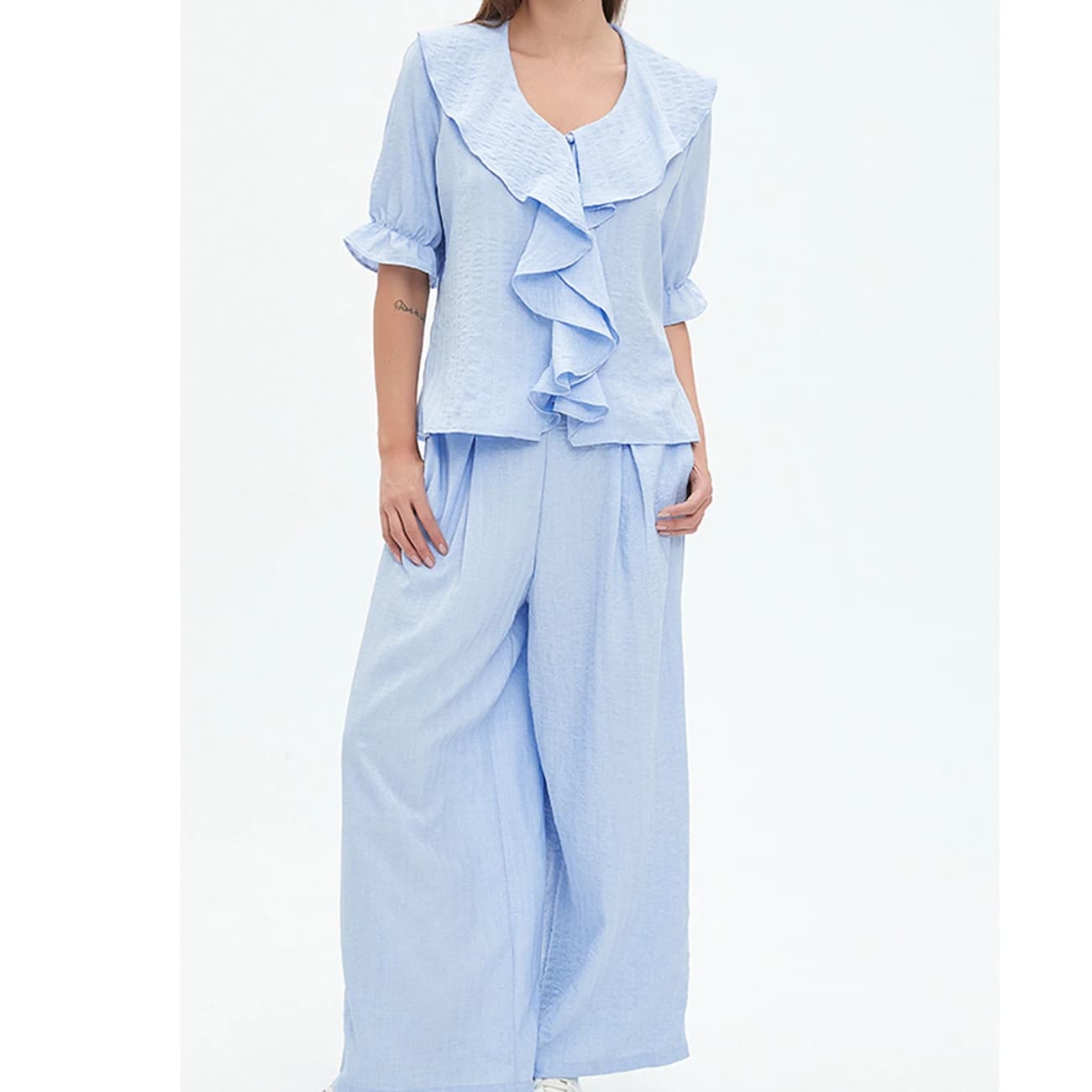Ensemble pyjama en lin pour femme, 2 pièces, chemise à manches courtes avec volants sur le devant, p