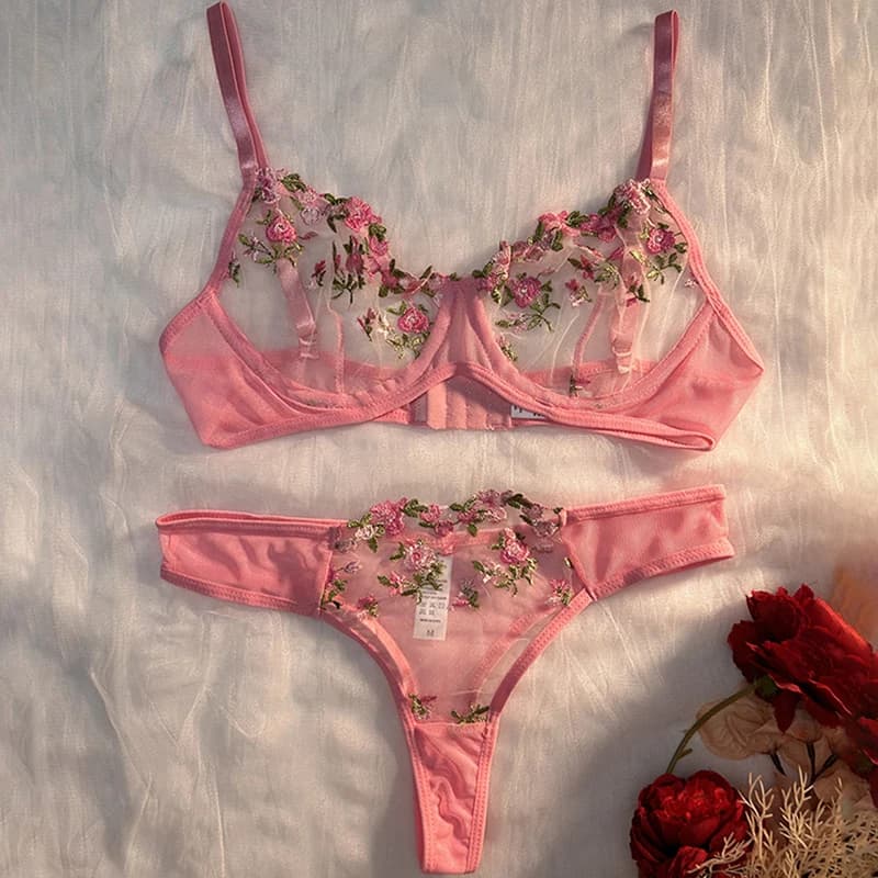 Vin rouge Transparent Lingerie broderie fleur deux pièces femme Push Up ventiler sous-vêtements stri